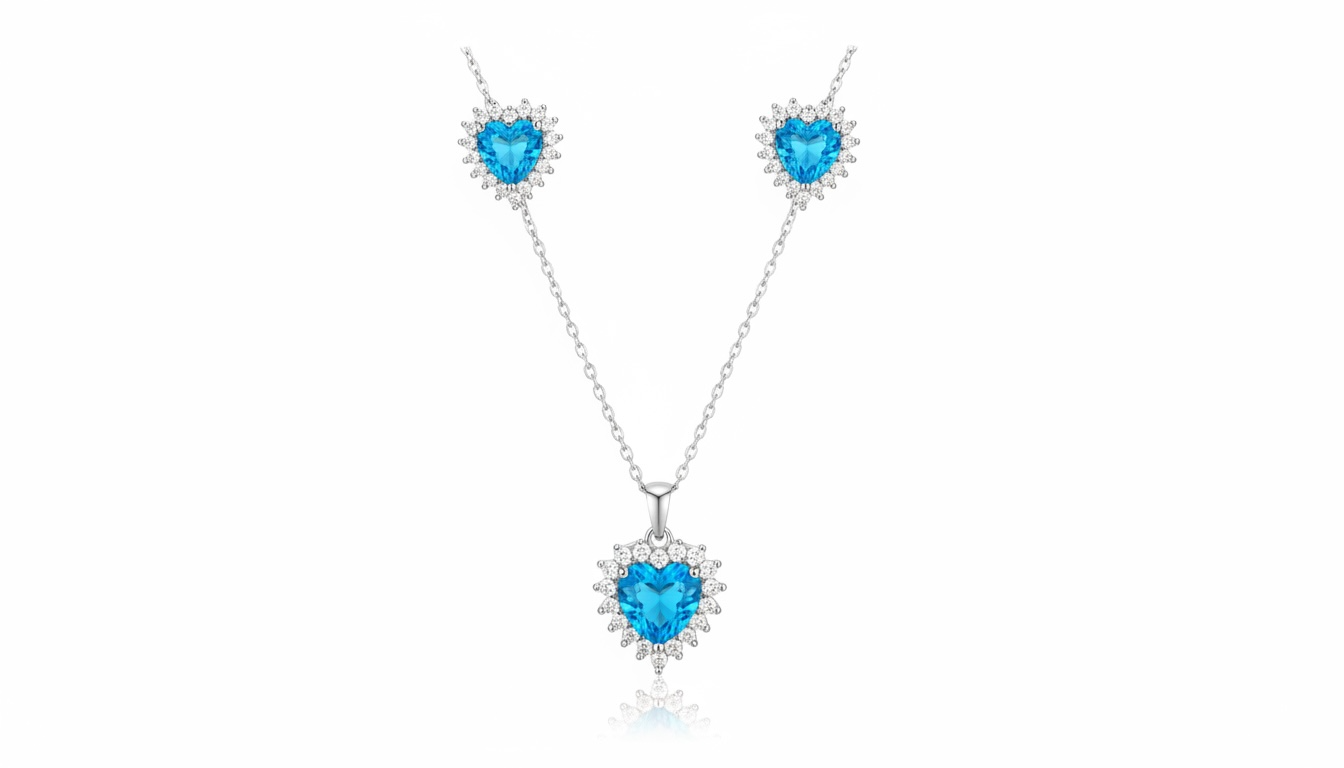 Conjunto de Coração Azul Turquesa em Zircônia